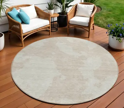 8' Beige And Ivory Round Abstract Washable Indoor Outdoor Area Rug