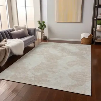 8' X 10' Beige And Ivory Abstract Washable Indoor Outdoor Area Rug