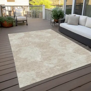 10' X 14' Beige And Ivory Abstract Washable Indoor Outdoor Area Rug