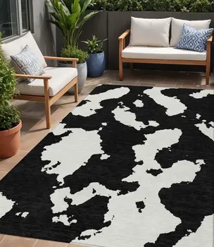 5' X 8' Black And Ivory Abstract Washable Indoor Outdoor Area Rug