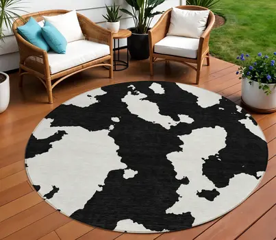 8' Black And Ivory Round Abstract Washable Indoor Outdoor Area Rug