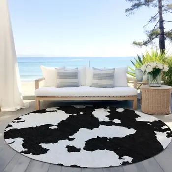 8' Black And Ivory Round Abstract Washable Indoor Outdoor Area Rug