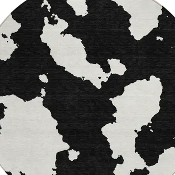 8' Black And Ivory Round Abstract Washable Indoor Outdoor Area Rug