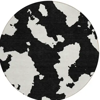 8' Black And Ivory Round Abstract Washable Indoor Outdoor Area Rug