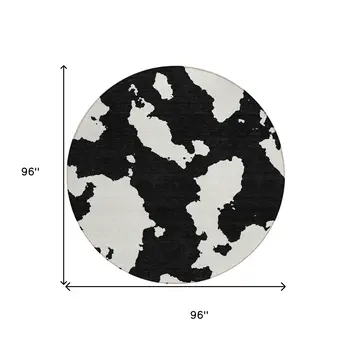8' Black And Ivory Round Abstract Washable Indoor Outdoor Area Rug