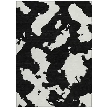 9' X 12' Black And Ivory Abstract Washable Indoor Outdoor Area Rug
