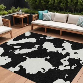 9' X 12' Black And Ivory Abstract Washable Indoor Outdoor Area Rug
