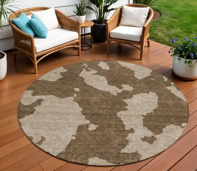 8' Brown And Beige Round Abstract Washable Indoor Outdoor Area Rug