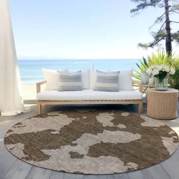8' Brown And Beige Round Abstract Washable Indoor Outdoor Area Rug
