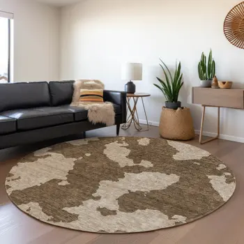 8' Brown And Beige Round Abstract Washable Indoor Outdoor Area Rug