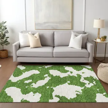 5' X 8' Green And Ivory Abstract Washable Indoor Outdoor Area Rug