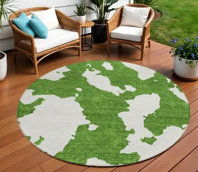 8' Green And Ivory Round Abstract Washable Indoor Outdoor Area Rug