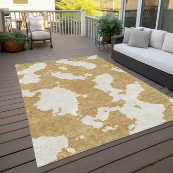 5' X 8' Gold And Ivory Abstract Washable Indoor Outdoor Area Rug