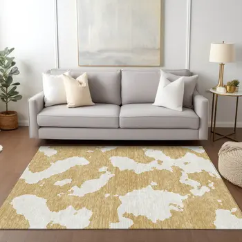 5' X 8' Gold And Ivory Abstract Washable Indoor Outdoor Area Rug