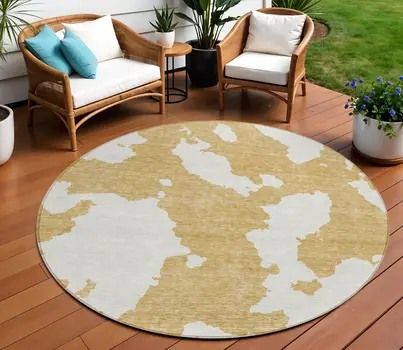 8' Gold And Ivory Round Abstract Washable Indoor Outdoor Area Rug