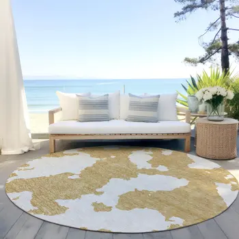 8' Gold And Ivory Round Abstract Washable Indoor Outdoor Area Rug