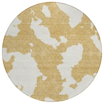 8' Gold And Ivory Round Abstract Washable Indoor Outdoor Area Rug