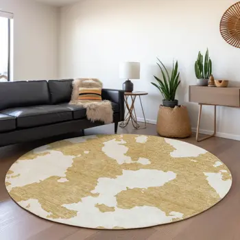 8' Gold And Ivory Round Abstract Washable Indoor Outdoor Area Rug