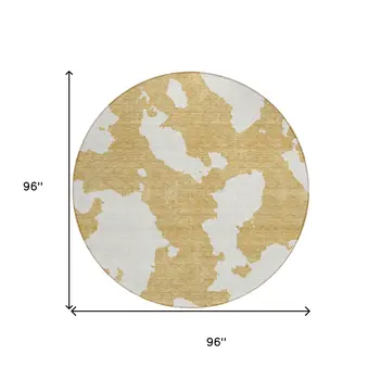8' Gold And Ivory Round Abstract Washable Indoor Outdoor Area Rug