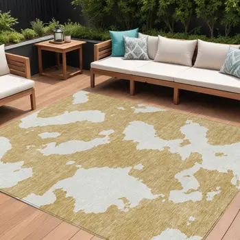 9' X 12' Gold And Ivory Abstract Washable Indoor Outdoor Area Rug