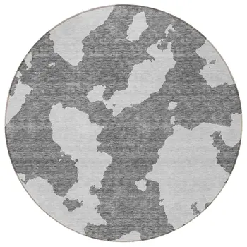 8' Gray And Ivory Round Abstract Washable Indoor Outdoor Area Rug