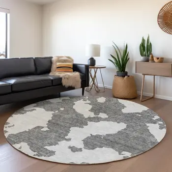 8' Gray And Ivory Round Abstract Washable Indoor Outdoor Area Rug