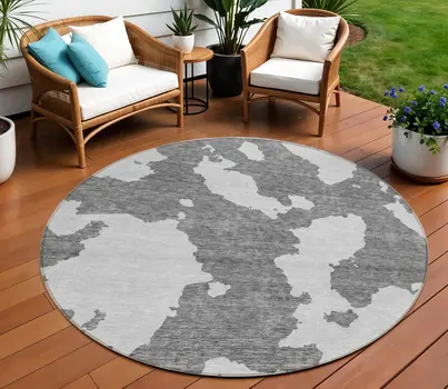 8' Gray And Ivory Round Abstract Washable Indoor Outdoor Area Rug
