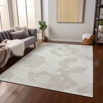 10' X 14' Ivory And Beige Abstract Washable Indoor Outdoor Area Rug