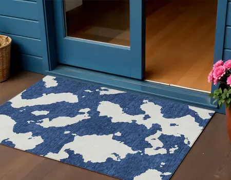 3' X 5' Navy Blue And Ivory Abstract Washable Indoor Outdoor Area Rug