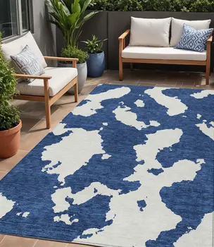 5' X 8' Navy Blue And Ivory Abstract Washable Indoor Outdoor Area Rug
