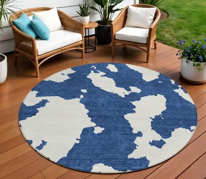 8' Navy Blue And Ivory Round Abstract Washable Indoor Outdoor Area Rug