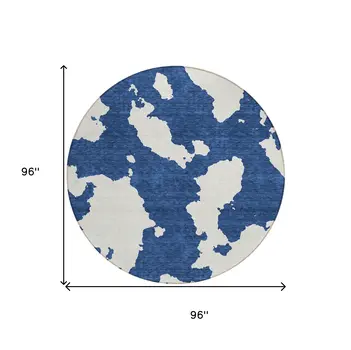 8' Navy Blue And Ivory Round Abstract Washable Indoor Outdoor Area Rug