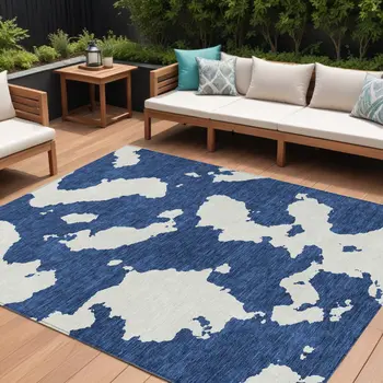 8' X 10' Navy Blue And Ivory Abstract Washable Indoor Outdoor Area Rug