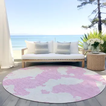 8' Pink And Ivory Round Abstract Washable Indoor Outdoor Area Rug
