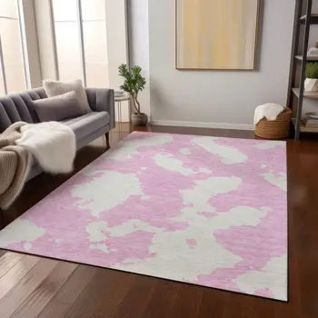 10' X 14' Pink And Ivory Abstract Washable Indoor Outdoor Area Rug