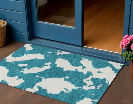 3' X 5' Teal Blue And Ivory Abstract Washable Indoor Outdoor Area Rug