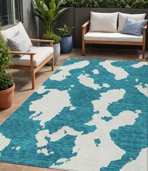 5' X 8' Teal Blue And Ivory Abstract Washable Indoor Outdoor Area Rug