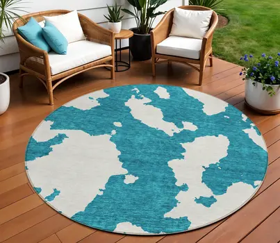 8' Teal Blue And Ivory Round Abstract Washable Indoor Outdoor Area Rug