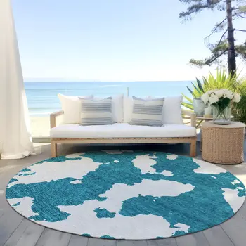 8' Teal Blue And Ivory Round Abstract Washable Indoor Outdoor Area Rug