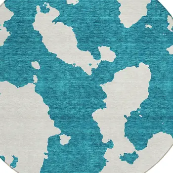 8' Teal Blue And Ivory Round Abstract Washable Indoor Outdoor Area Rug