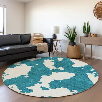 8' Teal Blue And Ivory Round Abstract Washable Indoor Outdoor Area Rug