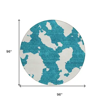 8' Teal Blue And Ivory Round Abstract Washable Indoor Outdoor Area Rug