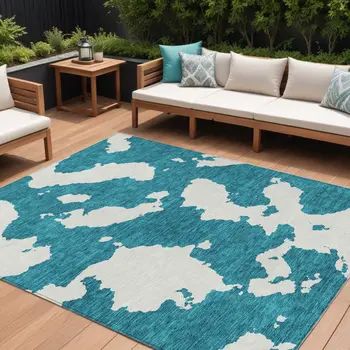8' X 10' Teal Blue And Ivory Abstract Washable Indoor Outdoor Area Rug