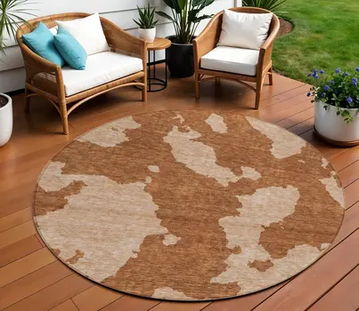 8' Terra Cotta And Rust Round Abstract Washable Indoor Outdoor Area Rug