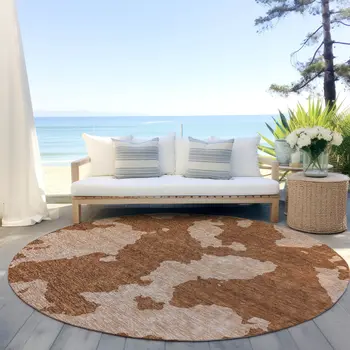 8' Terra Cotta And Rust Round Abstract Washable Indoor Outdoor Area Rug