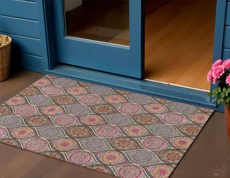 3' X 5' Black Pink And Orange Floral Medallion Washable Indoor Outdoor Area Rug