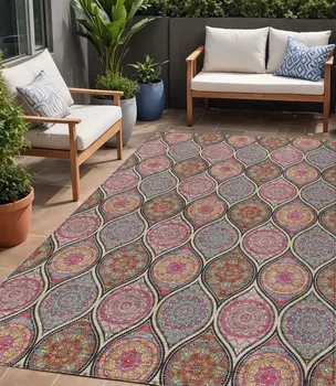 5' X 8' Black Pink And Orange Floral Medallion Washable Indoor Outdoor Area Rug