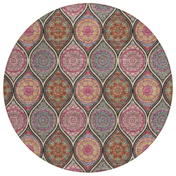 8' Black Pink And Orange Round Floral Medallion Washable Indoor Outdoor Area Rug