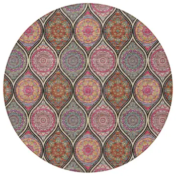 8' Black Pink And Orange Round Floral Medallion Washable Indoor Outdoor Area Rug