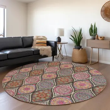 8' Black Pink And Orange Round Floral Medallion Washable Indoor Outdoor Area Rug